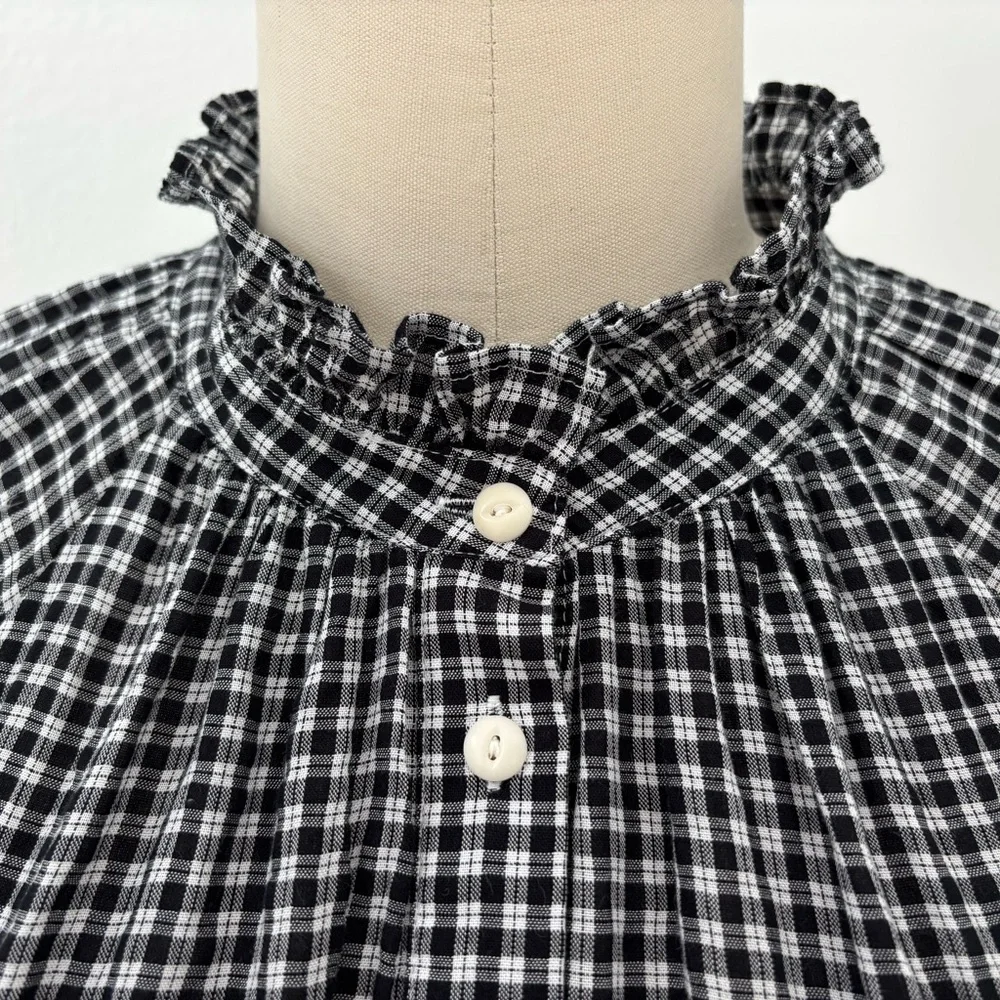 J Crew Ruffle Blouse NWT Black & White Plaid Cotton Blend Cottagecore 10